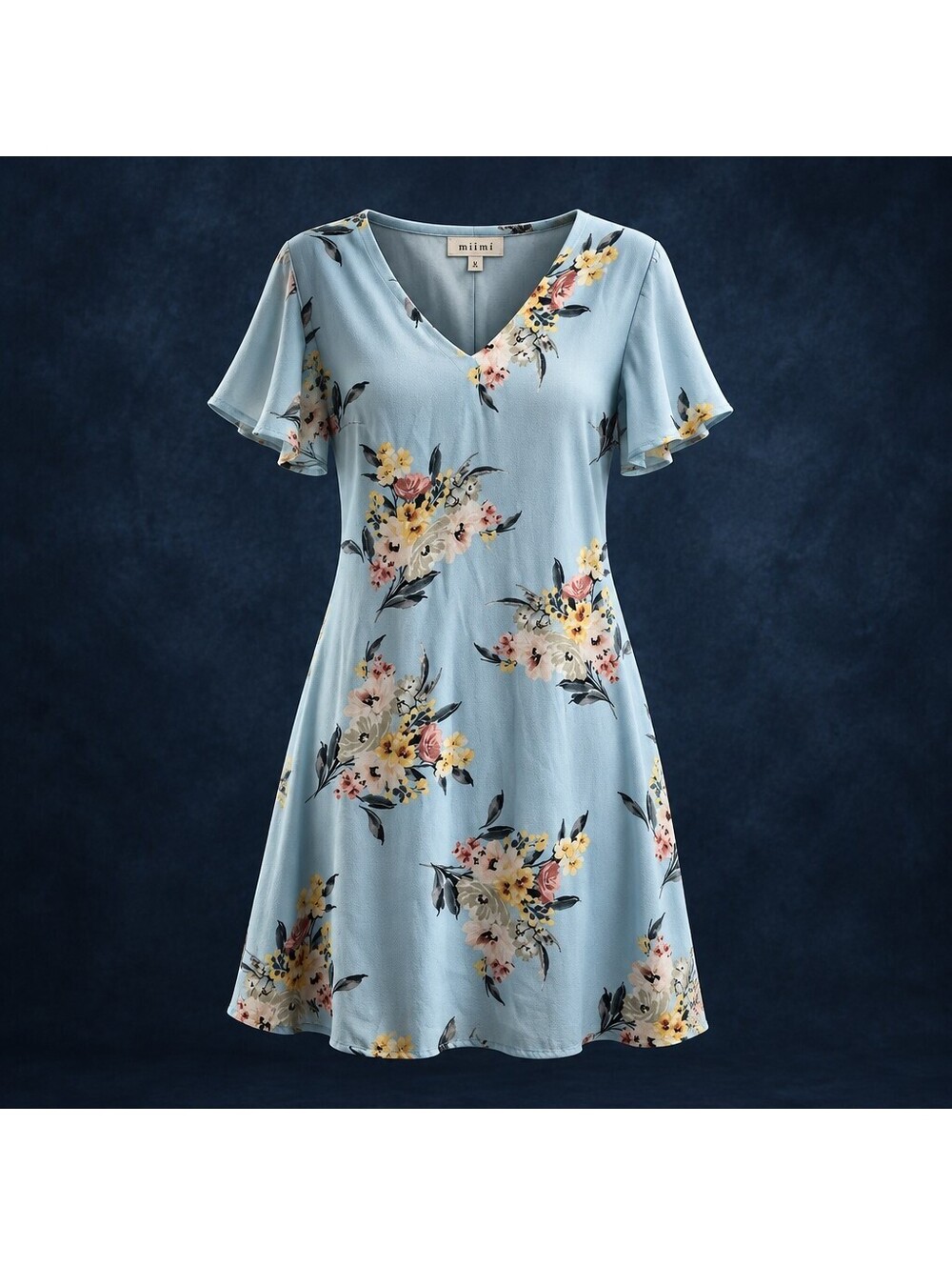 Miami S Light Blue Floral Ruffle Back Zip Short Sleeve Lined Mini Dress 4087